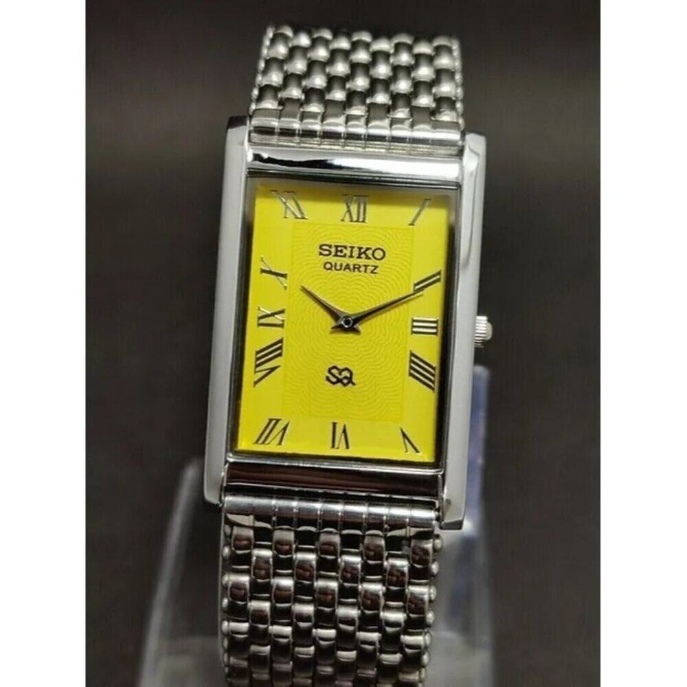 Seiko Men's Rectangular Silver Watch with Yellow Dial